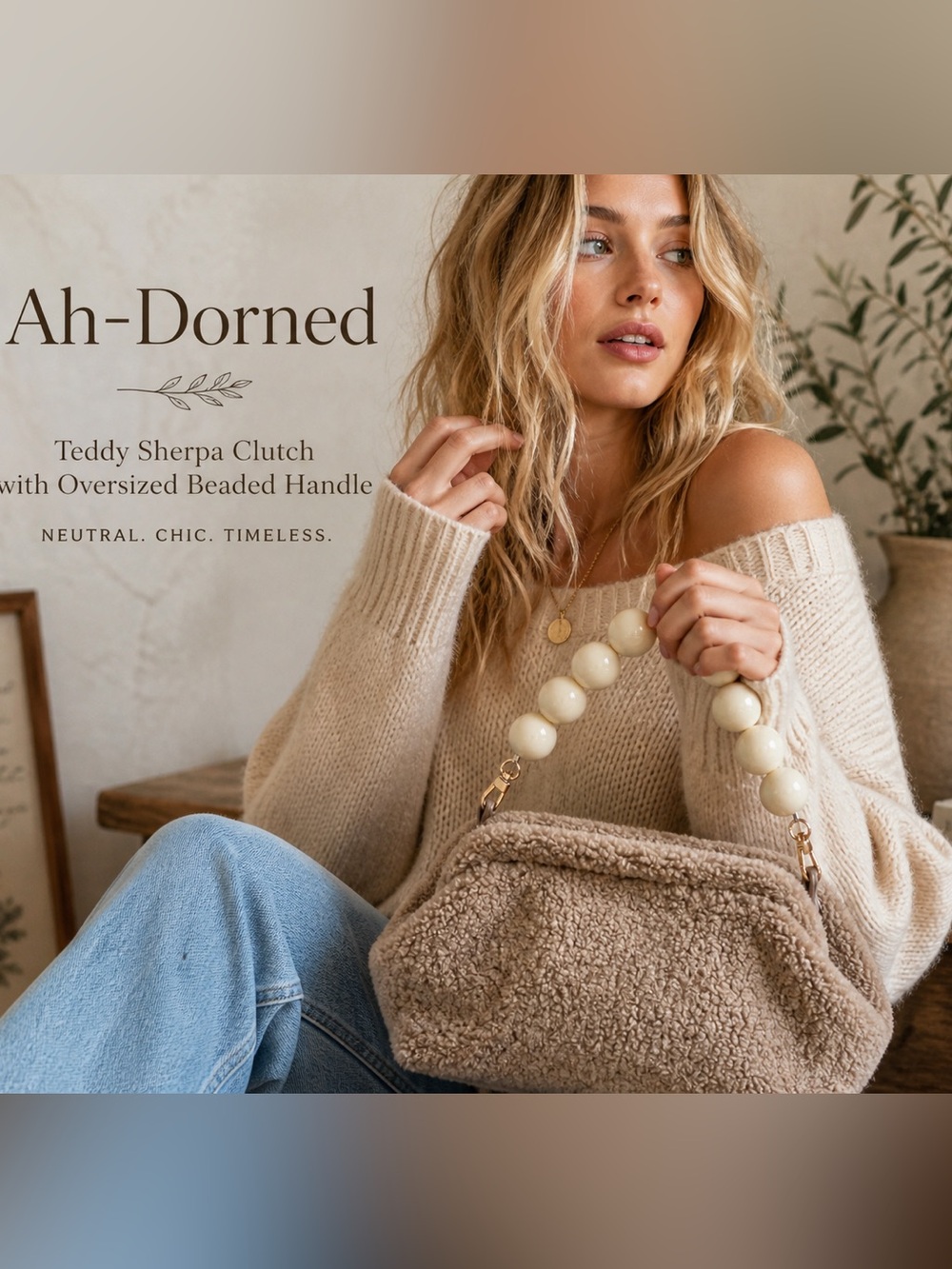 Ah-Dorned Teddy Sherpa Clutch w/ Oversized Beaded Handle Neutral Taupe Bag